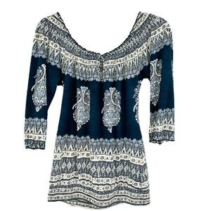 Lucky Brand Blue/Cream Print Boho Top